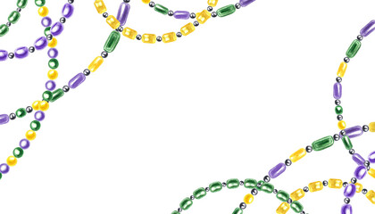 Green, purple, yellow bead strings in colors of Mardi Gras festival watercolor horizontal frame. Glass necklace garland border with copy space for text. Illustration for carnival decor