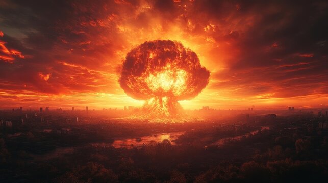 Devastating nuclear explosion over cityscape with mushroom cloud. Generative AI