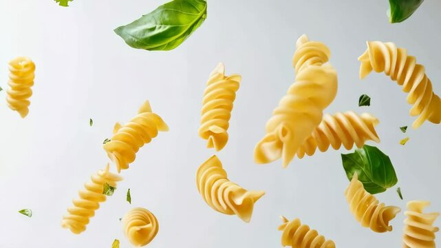 Several pieces of fusilli pasta and basil leaves are levitating against a minimalist white background, creating a visually appealing scene related to italian cuisine