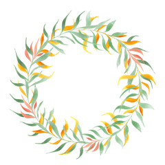 Naklejka premium Watercolor green, orange leaf branches wreath isolated background. Abstract holiday foliage illustration with empty space for text. Round floral frame for greeting cards, invitation, kid birthday