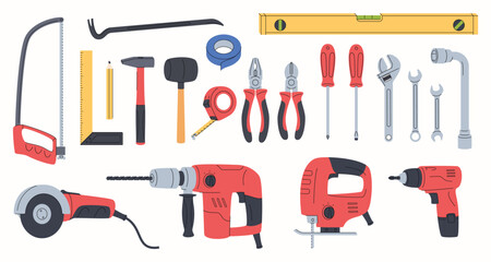 Naklejka premium Set of construction tools. Electric and hand tools. Carrying out repair work in the house. Professional tools. Vector illustration