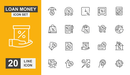 Loan money icon set. Finance, coin, growth, saving, financial, tax and more line icon.