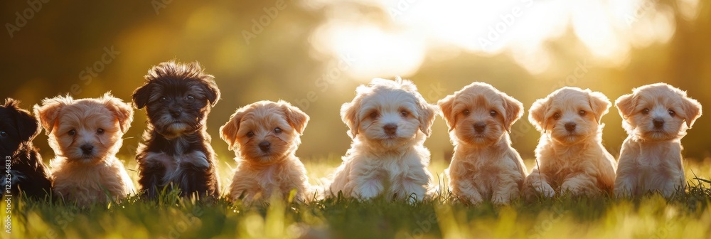Poster puppies lined up in a row enjoying the warm sunlight in a grassy field during golden hour. generativ