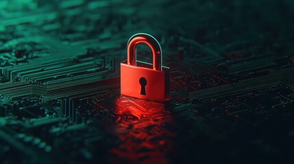 A digital lock stands prominently on a circuit board, symbolizing cybersecurity and data protection in a vibrant, futuristic setting.