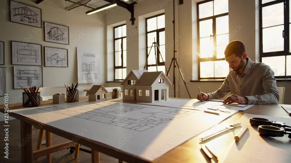 Poster Focused architect meticulously reviews blueprints and scale models on a large table in a sunlit office, highlighting the dedication and precision involved in architectural design