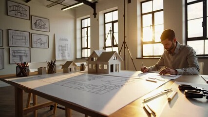 Focused architect meticulously reviews blueprints and scale models on a large table in a sunlit office, highlighting the dedication and precision involved in architectural design