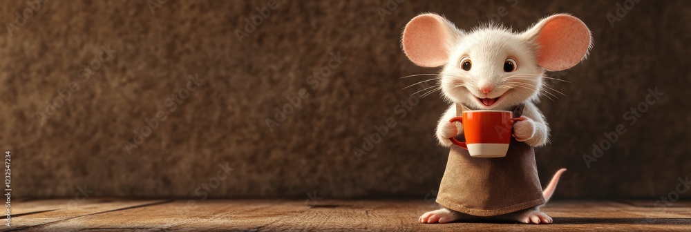 Poster mouse holding a cup with a cheerful expression in a cozy setting during daytime. generative ai