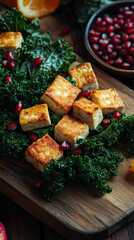 Kale salad with pomegranate seeds, fried tofu, and citrus dressing. Deconstructionism: each ingredient is carefully placed separately on a wooden board, creating a dynamic composition.
