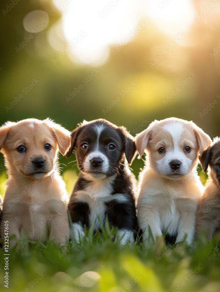 Poster puppies sitting in a grassy field during golden hour with sunlight filtering through trees. generati