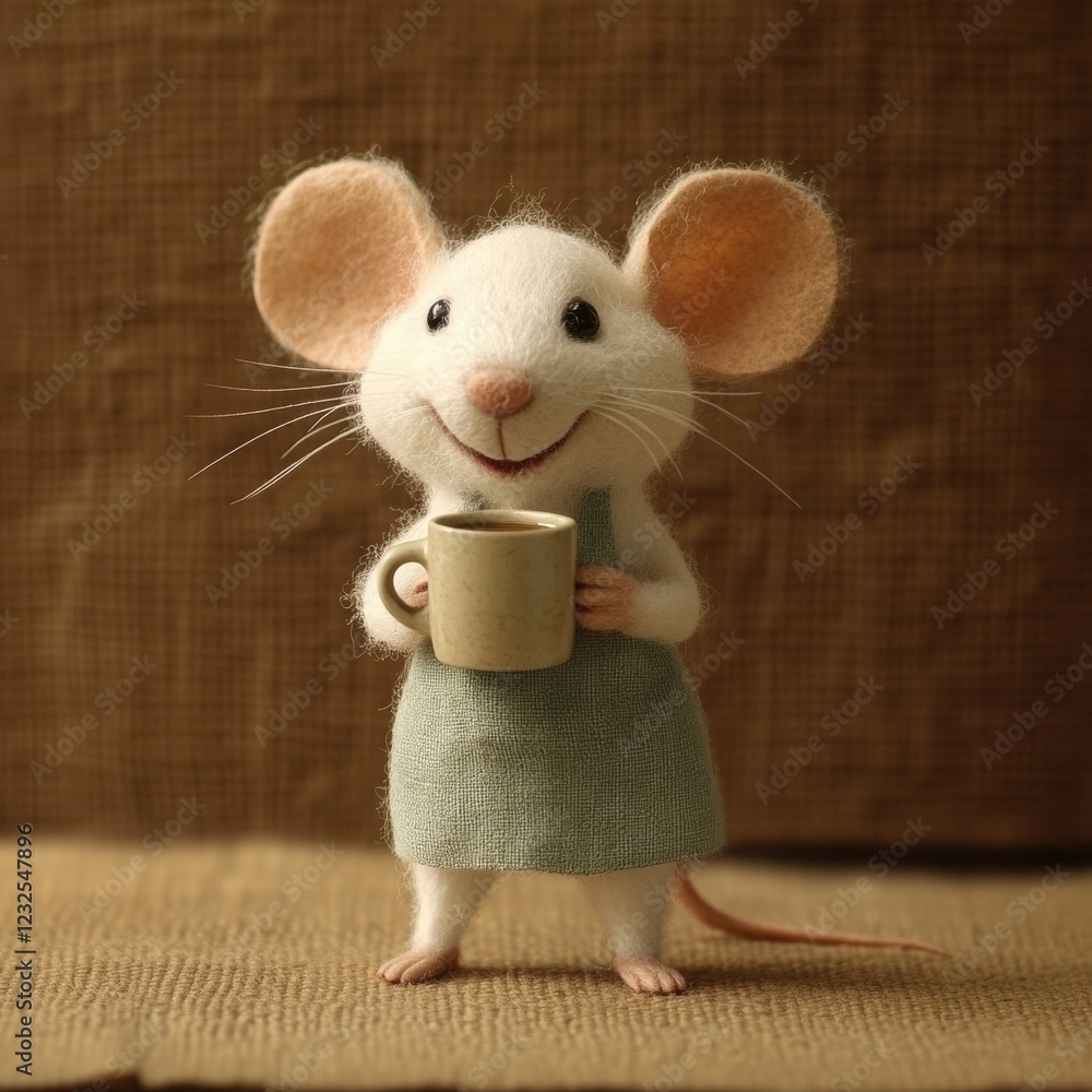 Poster cute mouse character holding a small cup in a cozy setting with natural light and textured backgroun