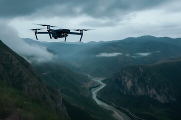 Fototapeta na wymiar Drone flight over a misty mountain valley.