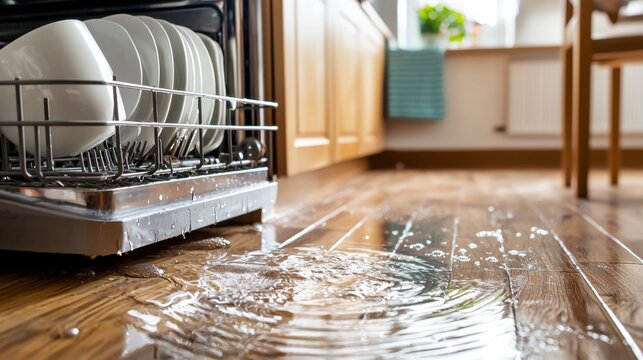 Water Pooling on Kitchen Floor from Dishwasher Leak in Modern Home