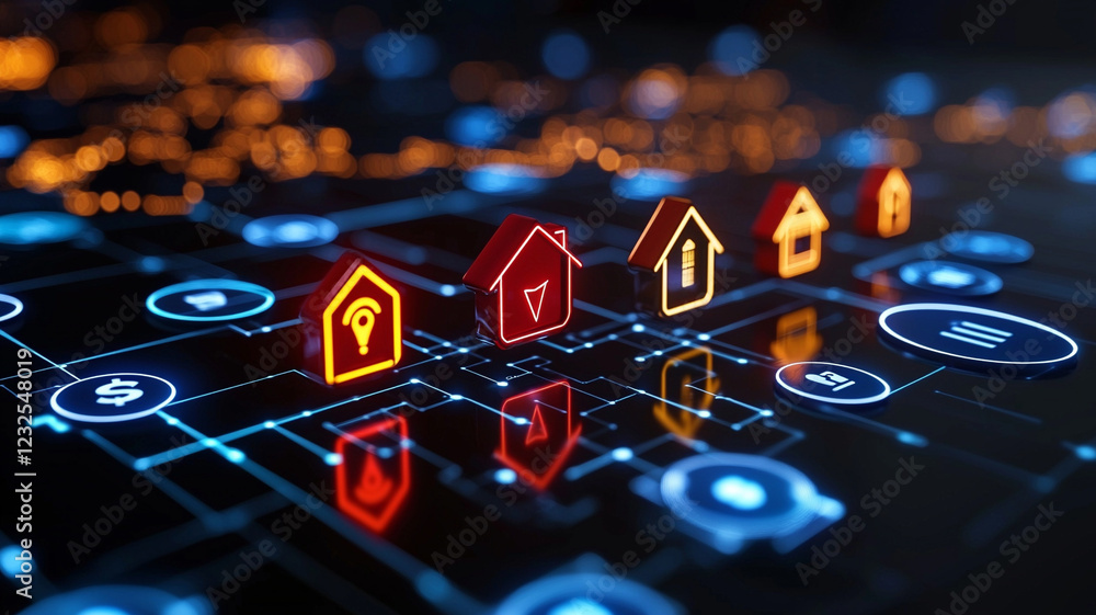 Poster abstract depiction of technology with glowing house icons on a digital interface representing intell