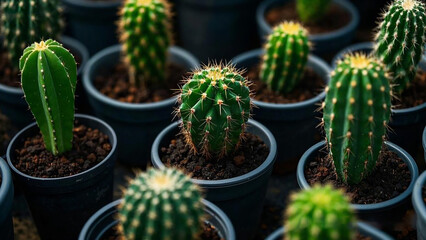 various types of cactus trees with pots and soil. green cactus background