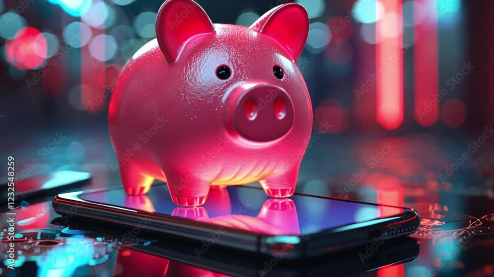 Poster piggy bank on smartphone display illuminated in colorful neon lights capturing financial technology 