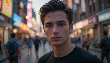 Candid Urban Portrait of Man in Black T-Shirt with Soft Bokeh & Vibrant City Lights