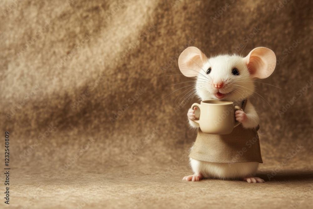 Poster cute mouse in a small apron holds a cup while standing on a textured brown background in a cozy envi