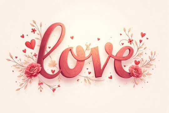 Romantic calligraphy of the word "love" with floral decorations and heart accents on a soft background