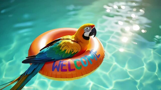 a parrot swims on an inflatable ring with the inscription "Welcome", summer party by pool, animated summer holiday advertising banner