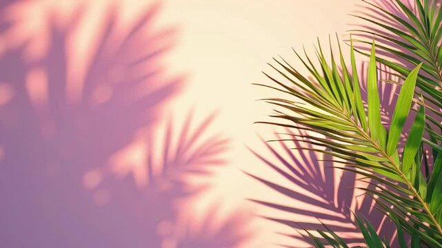 colorful palm leaves with shadows on the emty wall , trendy summer colors botanical tropical multicolored leaves, slow moving video wallpaper.