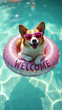  A Corgi dog swims on an inflatable ring with the "Welcome" lettering, summer party by pool, animated summer holiday advertising banner