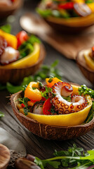 Mini cups of octopus salad with vibrant peppers and fresh greens, served in hollowed-out lemon halves for an unconventional and eco-friendly presentation.