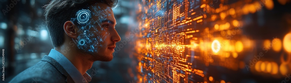 Poster man analyzing complex data displayed on a wall in an office environment