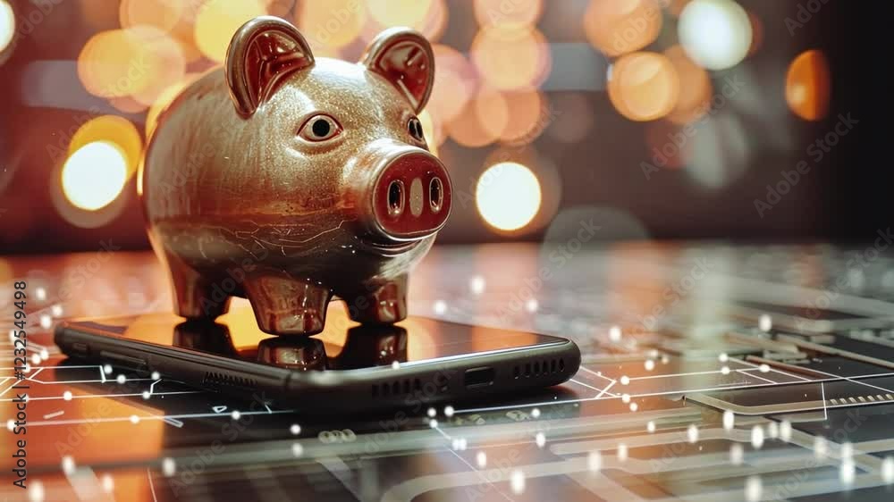 Poster golden piggy bank on smartphone with festive bokeh background and animated financial elements in 4k 