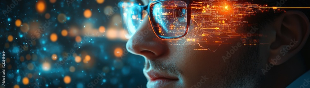 Aufkleber man wearing glasses standing in front of circuit board background in a modern technology setting
