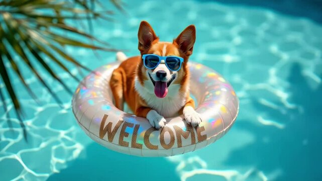  A Corgi dog swims on an inflatable ring with the "Welcome" lettering, summer party by pool, animated summer holiday advertising banner