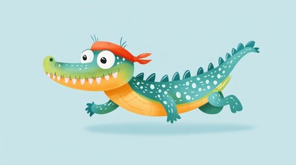Fototapeta premium Cartoon crocodile pirate swimming, light blue background, kids book illustration