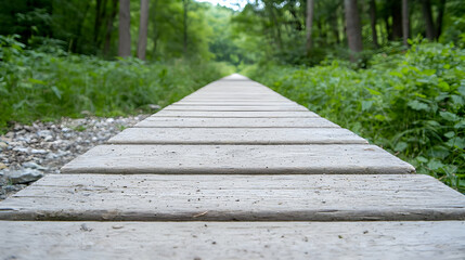 Obraz premium Wooden boardwalk path through lush forest