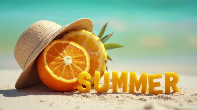 Exotic fruits with SUMMER lettering on sunny beach with turquoise water in background, exotic holiday and travel animated advertising banner, tourism, empty space for text.