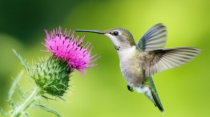 Fototapeta premium Hummingbird in Flight, Feeding on Thistle