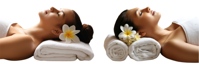 Young woman is lying on her back with a white towel isolated on a transparent background cutout PNG