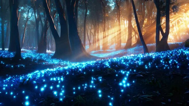 Mystical Forest Floor Covered in Glowing Blue Lights at Dawn - made with Generative AI