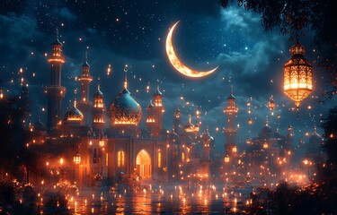 Fototapeta premium Dreamy Nightscape with Illuminated Domed Buildings, Crescent Moon, and Floating Lanterns