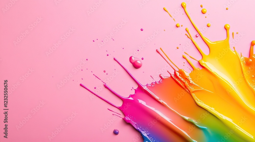 Poster a vibrant splash of rainbow paint flows across a pink background, creating a colorful and energetic 