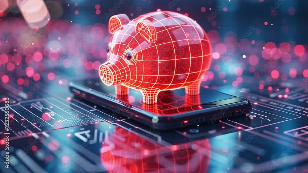 Poster digital piggy bank on smartphone with glowing circuit design and red neon elements in futuristic set