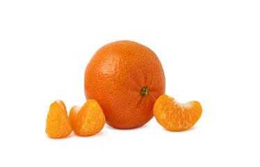 The whole tangerine and slices of peeled tangerine, mandarin or clementine isolated