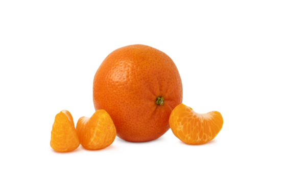 The whole tangerine and slices of peeled tangerine, mandarin or clementine isolated