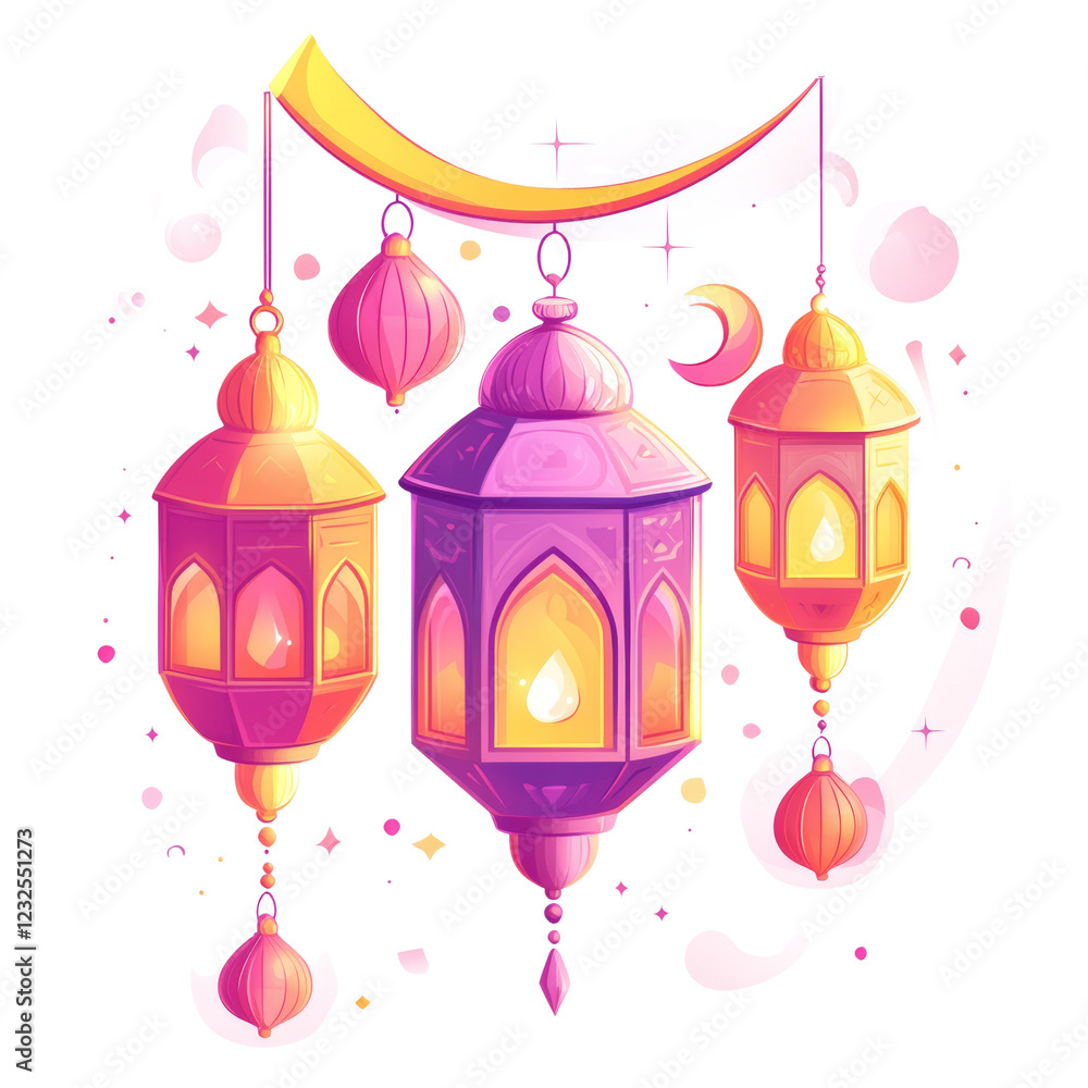 Poster three ornate lanterns and decorative elements hang from a crescent moon-shaped banner, symbolizing r