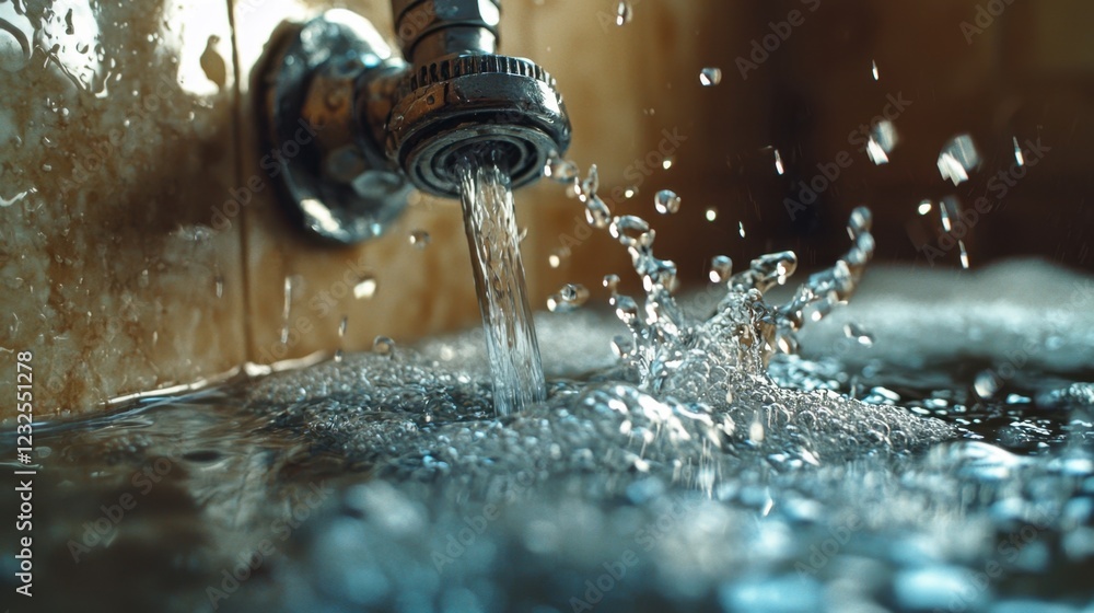 Aufkleber water flowing from faucet creating splashes and ripples in sink