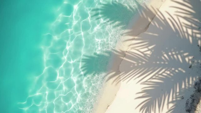 Calm water surface with palm leaf shadows, tropical leaf shadow on transparent water surface of seashore, relaxing abstract background conceptual , Animated banner for summer holiday 