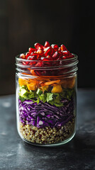 Portion-sized salad in a clear jar: alternating layers of red cabbage, quinoa, pomegranate seeds, and fermented garlic. A nostalgic presentation in a retro style