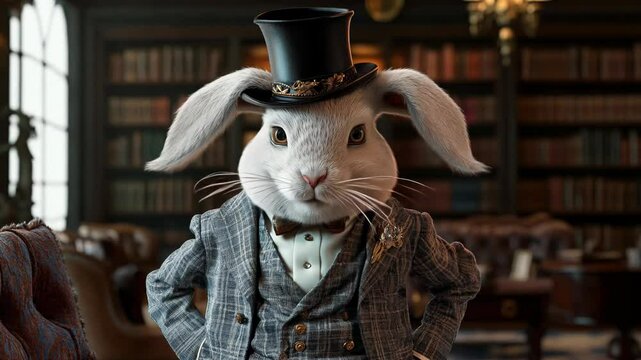 An aristocratic white rabbit in an elegant checkered suit, top hat, and bow tie stands confidently in a grand library