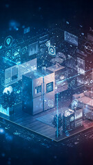 Smart home concept illustrated with glowing icons and digital elements. New technology concepts, visualization, automation, futuristic, innovation, development, software, everyday home chores