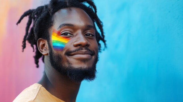 Portrait of Transgender Man with Rainbow Face Paint on Cheek