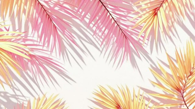 colorful palm leaves with shadows on the emty wall , trendy summer colors botanical tropical leaves, slow moving video wallpaper.