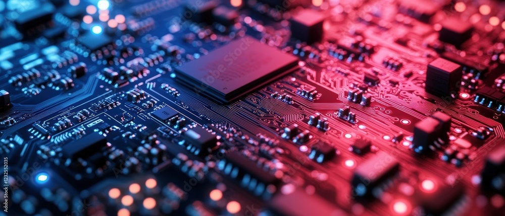 Poster close up view of a computer circuit board with intricate details and electronic components